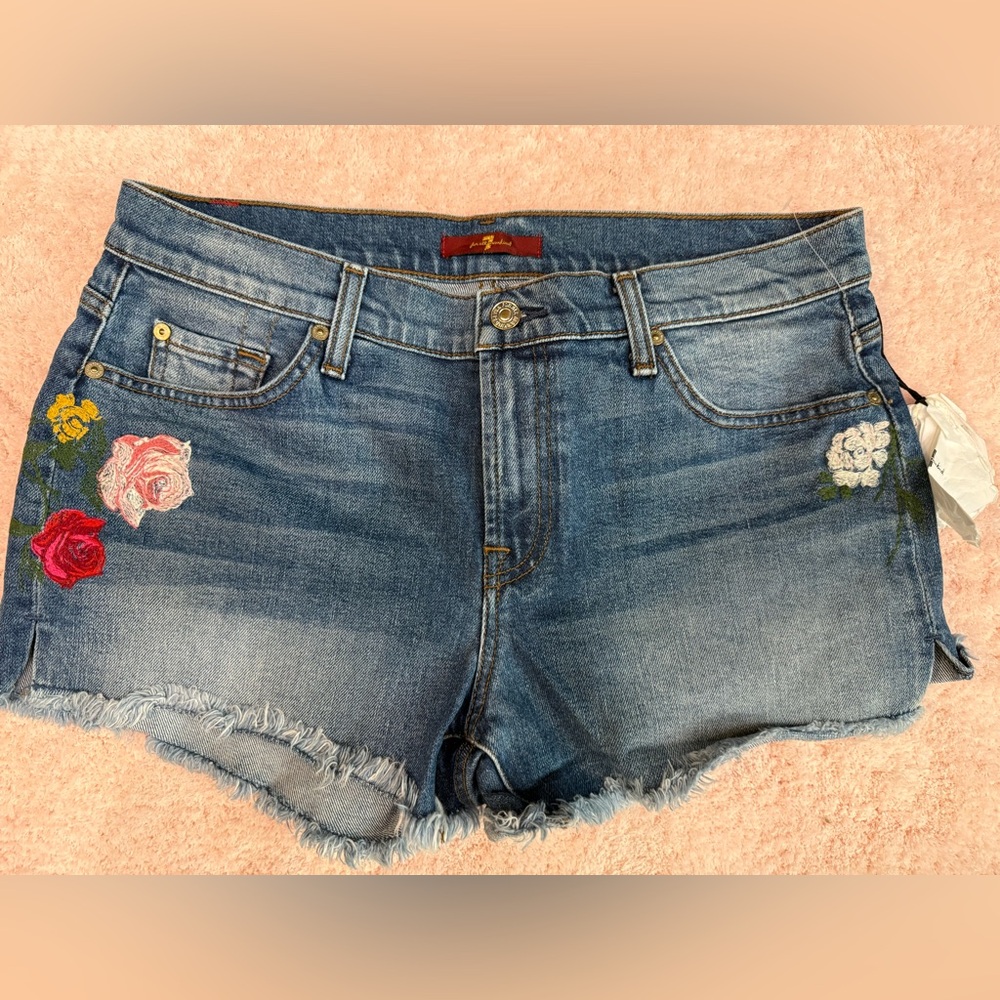 7 For All Mankind Pink and Blue Jean Shorts with Distressed Hem